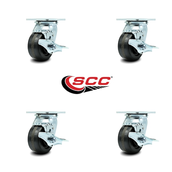 4 Inch Phenolic Swivel Caster Set with Ball Bearings and Brakes